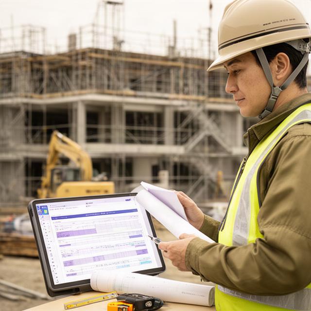 建設現場の工程表とタブレットで工事原価を確認する現場管理者