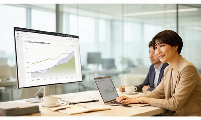 IT企業の財務担当者が明るい会議室でMRR予測ダッシュボードを確認する様子